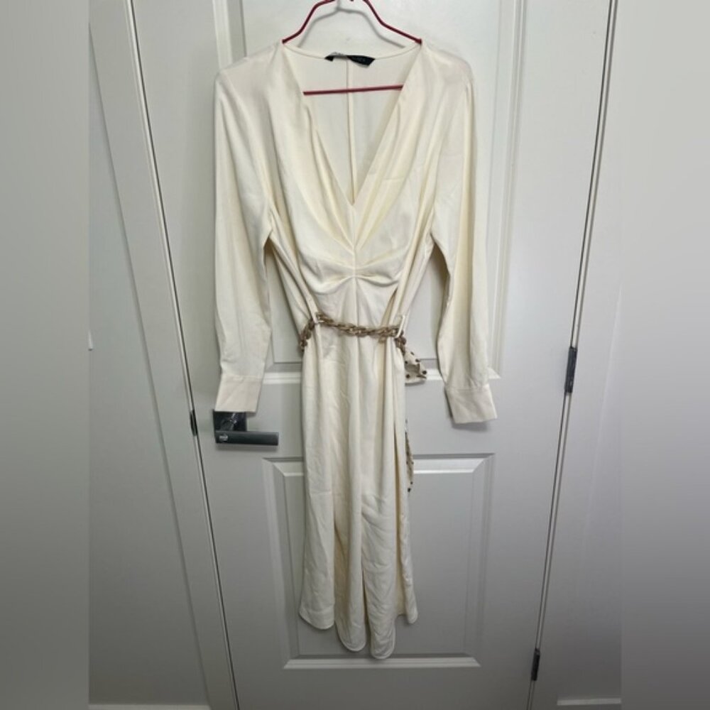 Zara Long Sleeve Dress with Removable Belt, Cream,  size S